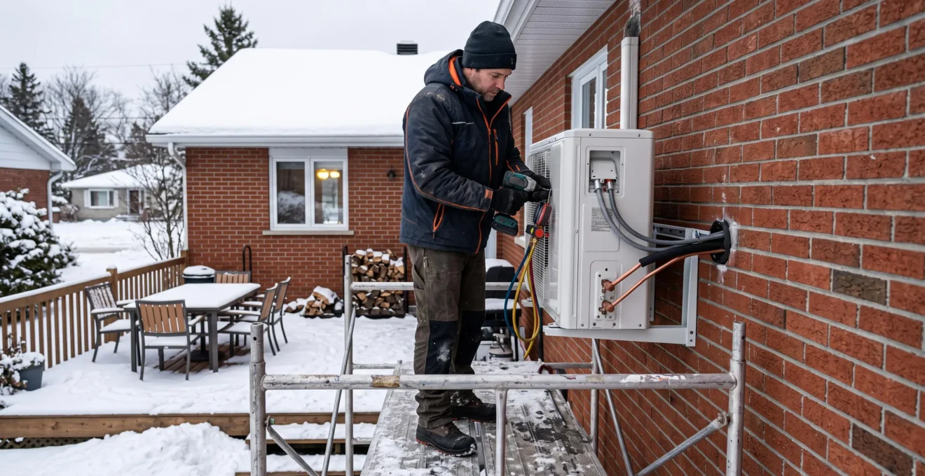 Technicien CVAC installant une unité extérieure de thermopompe sur le mur d'un bungalow québécois en hiver, avec conduites de réfrigérant et câblage visibles.