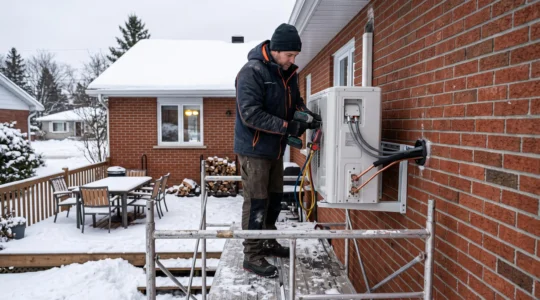 Technicien CVAC installant une unité extérieure de thermopompe sur le mur d'un bungalow québécois en hiver, avec conduites de réfrigérant et câblage visibles.