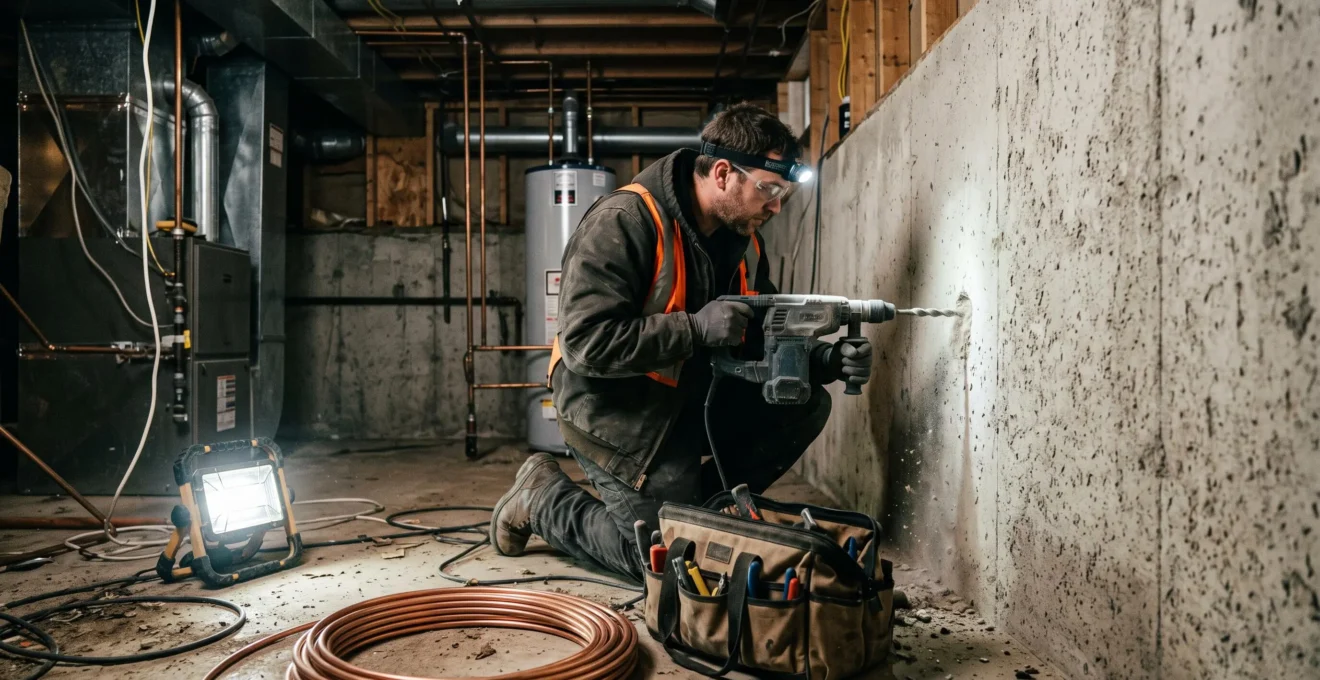 Technicien travaillant dans un sous-sol résidentiel, installant des conduites de raccordement pour un système de chauffage avec perceuse et outils de tuyauterie.